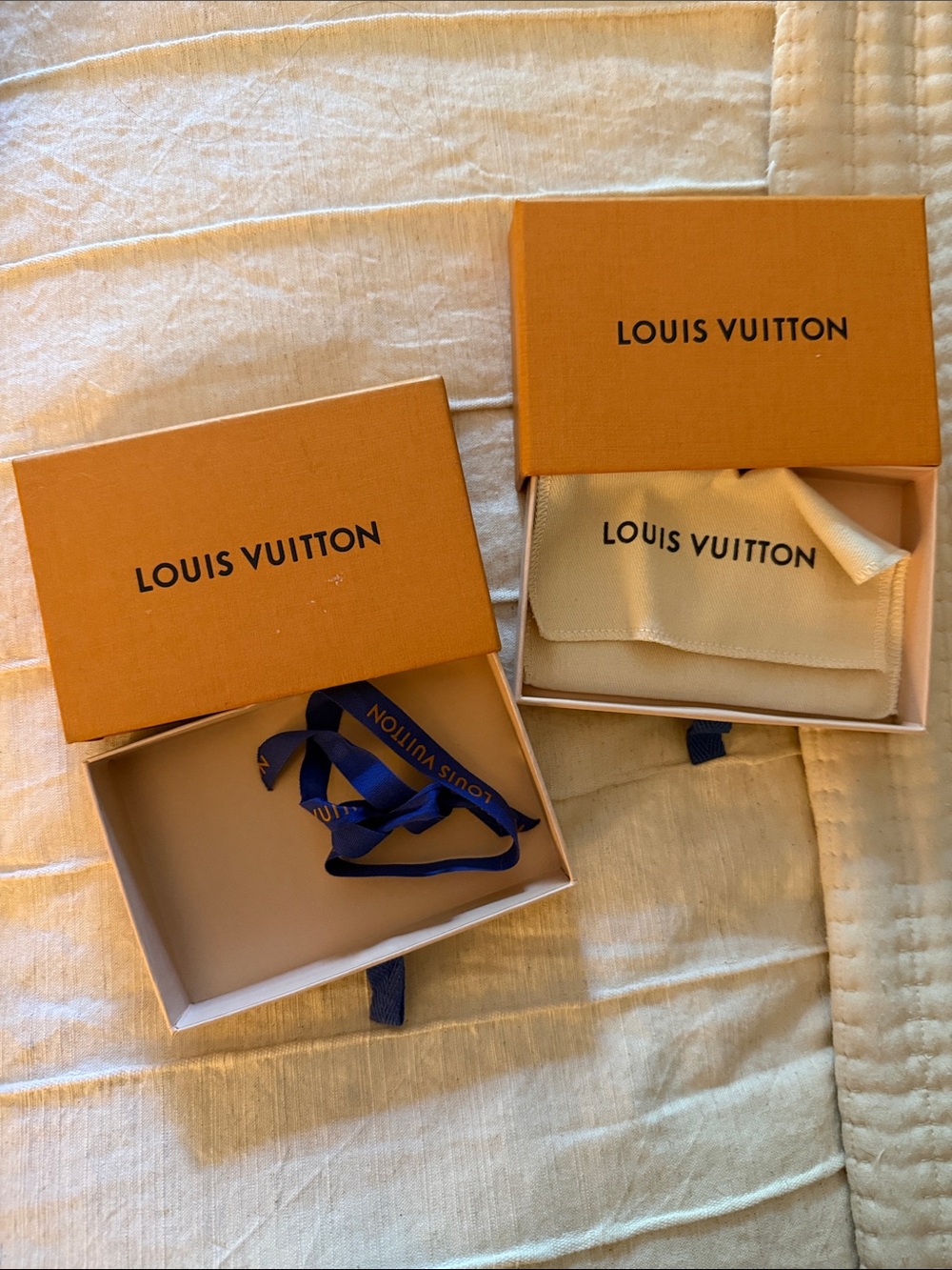 Louis Vuitton Orange Gift Boxes with Blue Ribbon and Cream Pouch